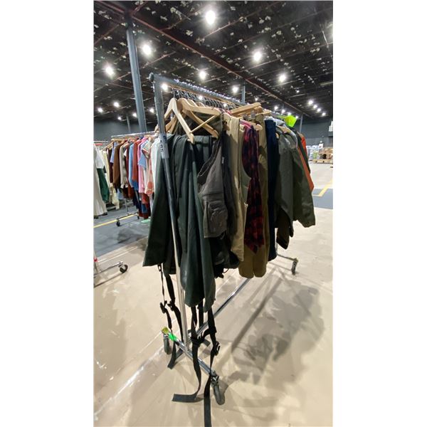 MOBILE CLOTHING RACK WITH ASSORTED SET DEC WARDROBE- MENS JACKETS, FISHING WADERS, FISHING VESTS,