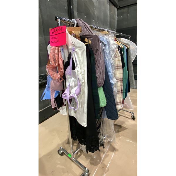 MOBILE CLOTHING RACK WITH ASSORTED SET DEC WARDROBE- WOMENS DRESSES, SWEATERS, BRAS