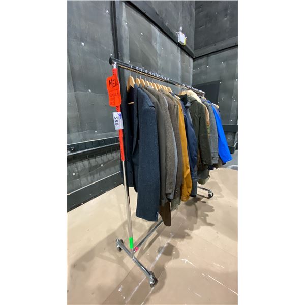 MOBILE CLOTHING RACK WITH ASSORTED SET DEC WARDROBE- MENS RAINCOATS, HEAVY COATS, DRESS COATS