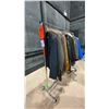 Image 1 : MOBILE CLOTHING RACK WITH ASSORTED SET DEC WARDROBE- MENS RAINCOATS, HEAVY COATS, DRESS COATS