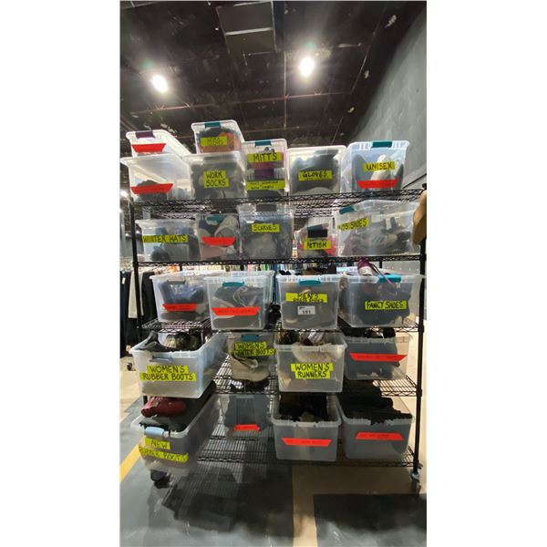 CONTENTS OF ENTIRE RACK- LARGE ASSORTMENT OF FOOTWEAR, SOCKS, MITTENS, WORK GLOVES, SWIMWEAR, BRAS