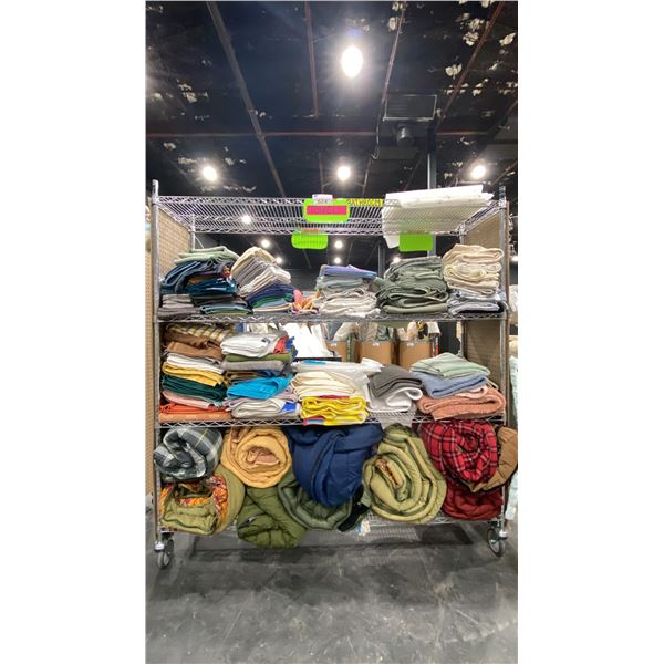 CONTENTS OF ROLLING RACK - ASSORTED TOWELS, BATHMATS AND SLEEPING BAGS