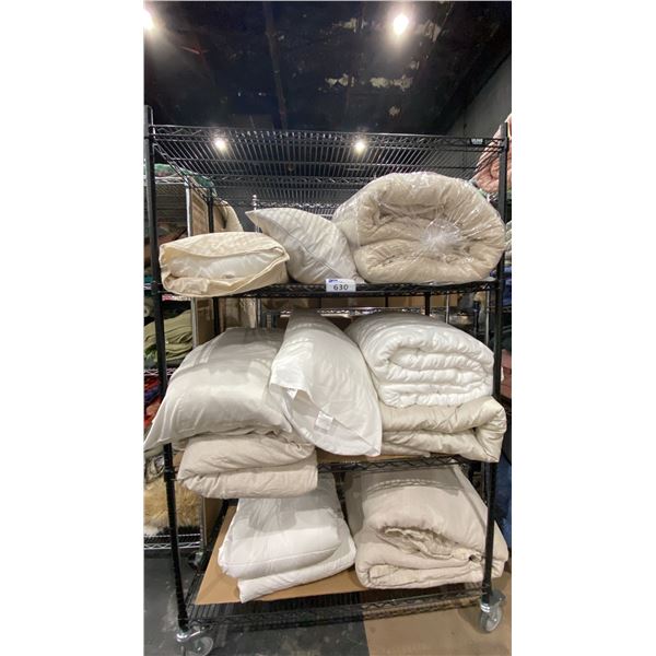 CONTENTS OF ROLLING RACK - PILLOWS, DUVETS AND BLANKETS