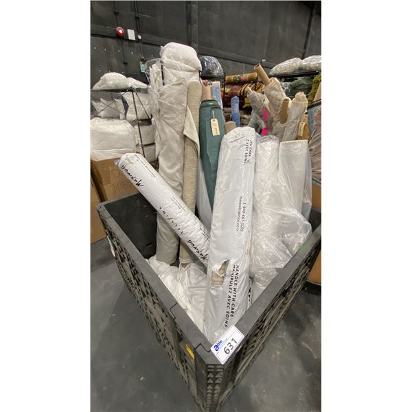 PALLET CRATE OF ASSORTED LARGE ROLLS OF FABRIC & ROLLS OF CLEAR PLASTIC *PALLET CRATE NOT INCLUDED*