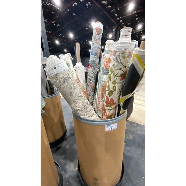 CARDBOARD BARREL OF ASSORTED LARGE FABRIC ROLLS *ROLLING PEDESTAL NOT INCLUDED*