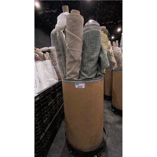 CARDBOARD BARREL OF ASSORTED LARGE FABRIC ROLLS *ROLLING PEDESTAL NOT INCLUDED*