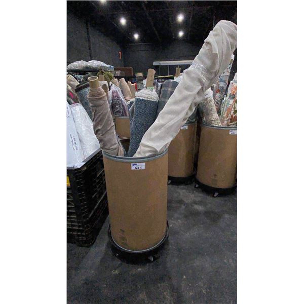 CARDBOARD BARREL OF ASSORTED LARGE FABRIC ROLLS *ROLLING PEDESTAL NOT INCLUDED*