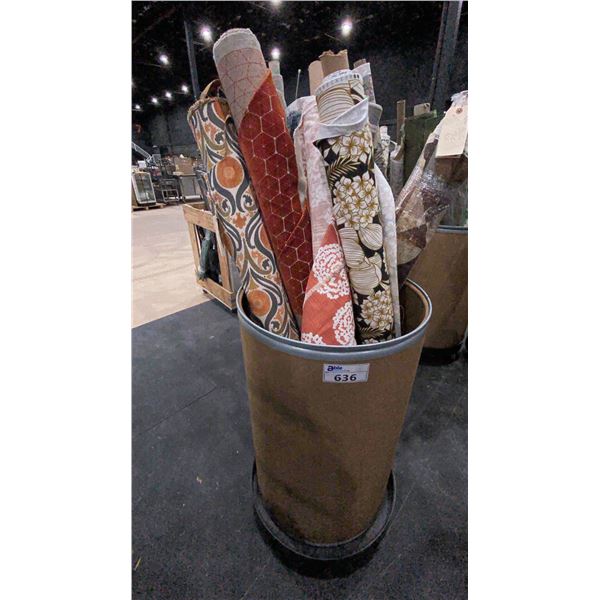 CARDBOARD BARREL OF ASSORTED LARGE FABRIC ROLLS *ROLLING PEDESTAL NOT INCLUDED*