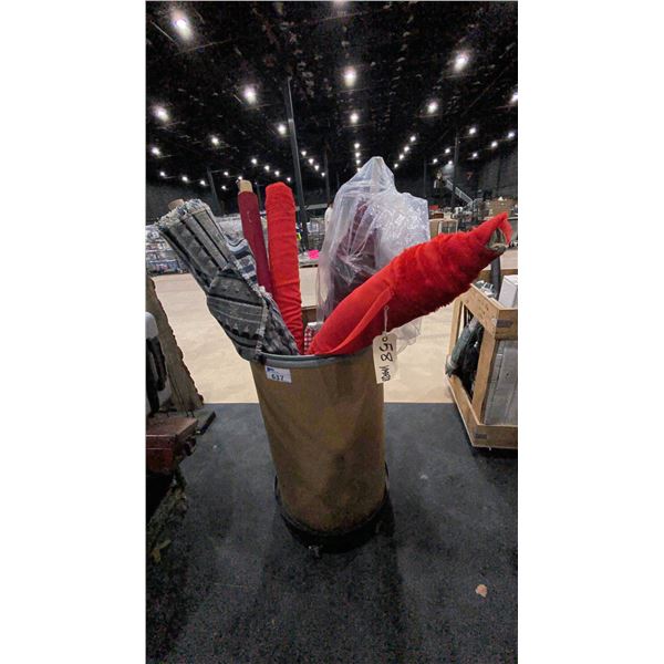 CARDBOARD BARREL OF ASSORTED LARGE FABRIC ROLLS *ROLLING PEDESTAL NOT INCLUDED*