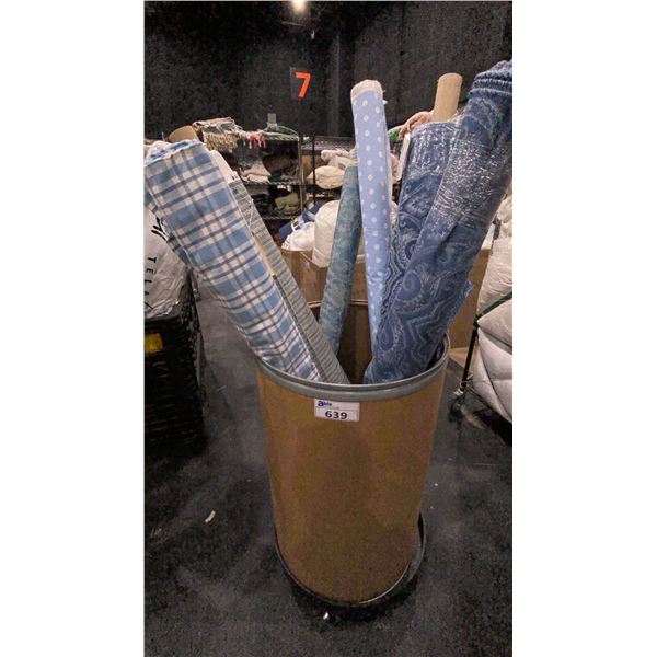 CARDBOARD BARREL OF ASSORTED LARGE FABRIC ROLLS *ROLLING PEDESTAL NOT INCLUDED*