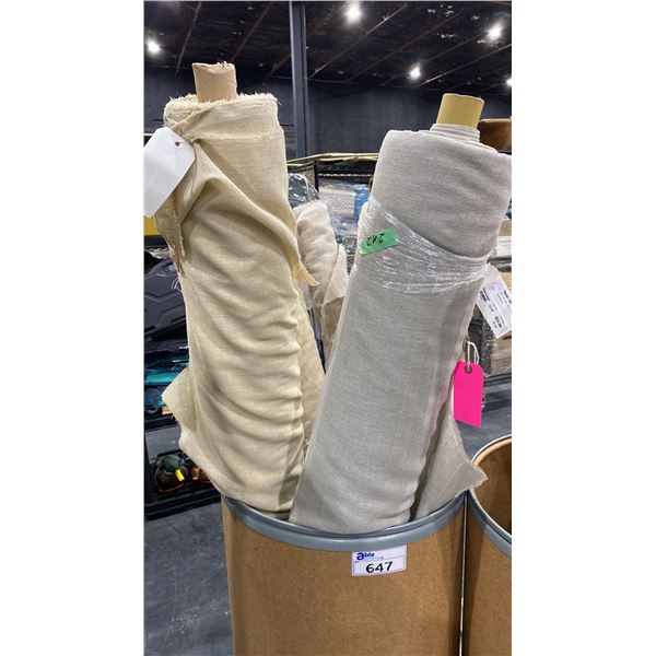 CARDBOARD BARREL OF ASSORTED LARGE FABRIC ROLLS *ROLLING PEDESTAL NOT INCLUDED*