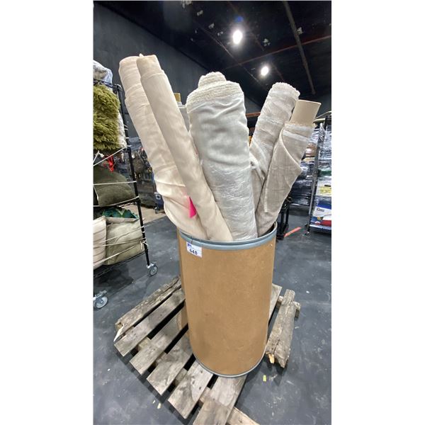 CARDBOARD BARREL OF ASSORTED LARGE FABRIC ROLLS *ROLLING PEDESTAL NOT INCLUDED*