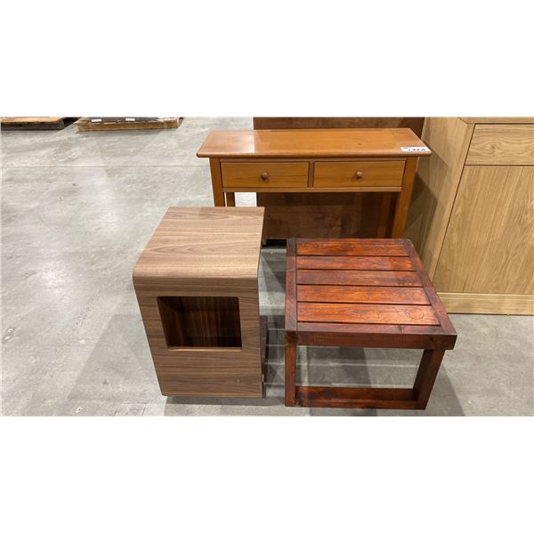 2 DRAWER CONSOLE TABLE, CONTEMPORARY SIDE TABLE AND WOODEN END TABLE