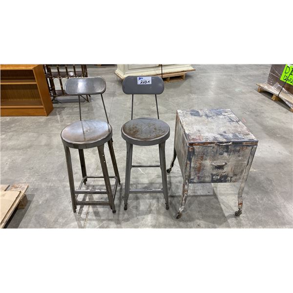 PAIR METAL INDUSTRIAL STYLE STOOLS AND ROLLING METAL CABINET