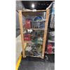 Image 1 : MOBILE WOODEN SHELVING UNIT WITH ASSORTED SHOP CONTENTS- GAS CANS, HOSE, WIRE, SHOP LIGHTS & MORE