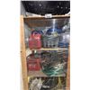 Image 2 : MOBILE WOODEN SHELVING UNIT WITH ASSORTED SHOP CONTENTS- GAS CANS, HOSE, WIRE, SHOP LIGHTS & MORE