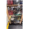Image 3 : MOBILE WOODEN SHELVING UNIT WITH ASSORTED SHOP CONTENTS- GAS CANS, HOSE, WIRE, SHOP LIGHTS & MORE