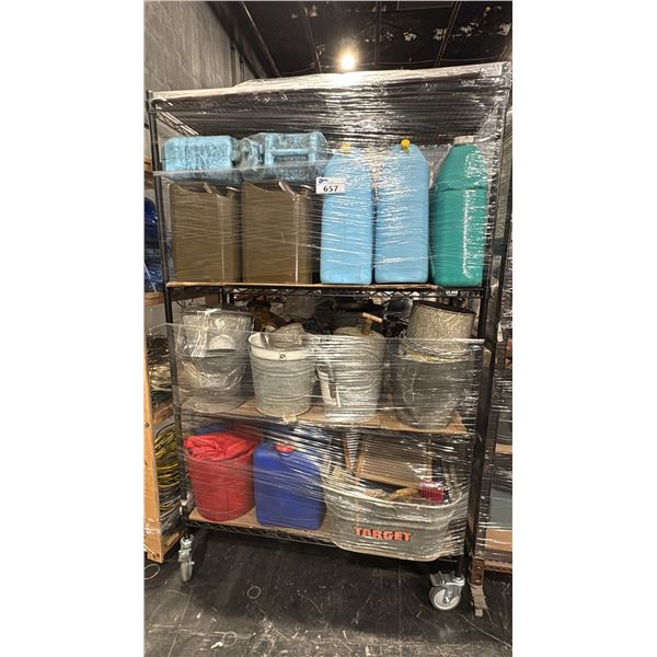 CONTENTS OF RACK- GAS CANS, GALVANIZED BUCKETS, BRUSHES & MORE *RACK NOT INCLUDED*