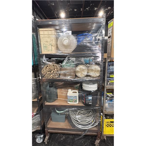 CONTENTS OF RACK- HOSE, WATERING CANS, BIRD NETTING, BAMBOO, SPRAYERS & MORE