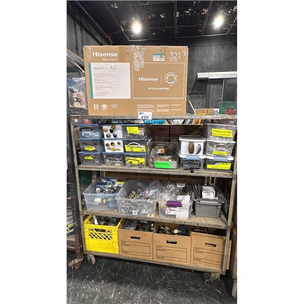 4 TIER MOBILE SHELVING RACK WITH ASSORTED CABINET/DOOR HARDWARE & 32" HISENSE TV