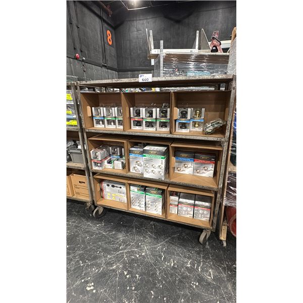 4 TIER MOBILE SHELVING RACK WITH ASSORTED DOOR KNOBS