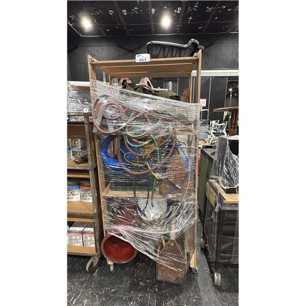 MOBILE WOOD SHELVING UNIT WITH ASSORTED HOSE, LIFTING STRAPS, WELDING LINE, TOOL CADDYS, WOODEN