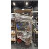 Image 1 : MOBILE WOOD SHELVING UNIT WITH ASSORTED HOSE, LIFTING STRAPS, WELDING LINE, TOOL CADDYS, WOODEN
