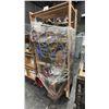 Image 2 : MOBILE WOOD SHELVING UNIT WITH ASSORTED HOSE, LIFTING STRAPS, WELDING LINE, TOOL CADDYS, WOODEN