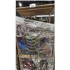 Image 3 : MOBILE WOOD SHELVING UNIT WITH ASSORTED HOSE, LIFTING STRAPS, WELDING LINE, TOOL CADDYS, WOODEN