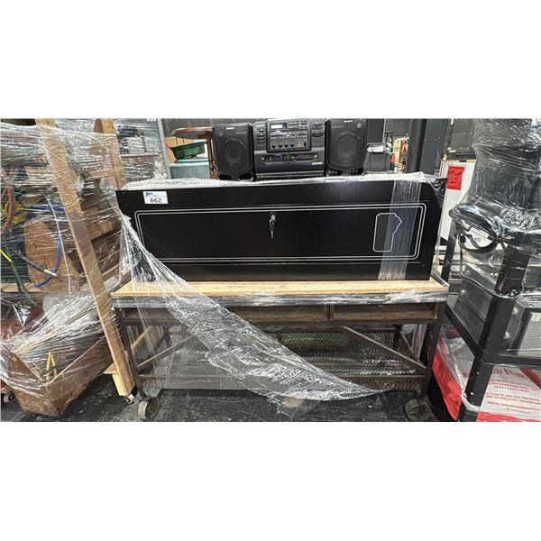 BLACK METAL LOCKING GUN SAFE, MOBILE SHOP TABLE & SONY STEREO