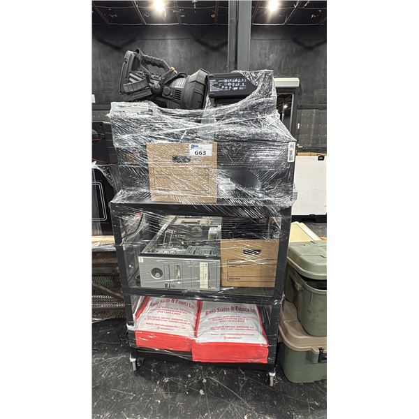 BLACK AV CART WITH ASSORTED COMPUTERS/PARTS, LARGE FLASHLIGHT & 2 BAGS OF FABRIC