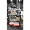 Image 1 : BLACK AV CART WITH ASSORTED COMPUTERS/PARTS, LARGE FLASHLIGHT & 2 BAGS OF FABRIC