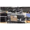 Image 2 : BLACK AV CART WITH ASSORTED COMPUTERS/PARTS, LARGE FLASHLIGHT & 2 BAGS OF FABRIC