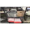 Image 3 : BLACK AV CART WITH ASSORTED COMPUTERS/PARTS, LARGE FLASHLIGHT & 2 BAGS OF FABRIC