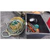 Image 1 : CONTENTS OF BIN- ASSORTED TOOLS, FLASHLIGHT, EXTENSION CORDS & LARGE ASSORTMENT OF GARDEN HOSE