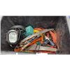 Image 2 : CONTENTS OF BIN- ASSORTED TOOLS, FLASHLIGHT, EXTENSION CORDS & LARGE ASSORTMENT OF GARDEN HOSE