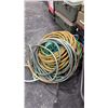 Image 3 : CONTENTS OF BIN- ASSORTED TOOLS, FLASHLIGHT, EXTENSION CORDS & LARGE ASSORTMENT OF GARDEN HOSE