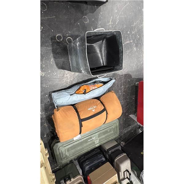 DOMETIC TENT, TETON SPORTS SLEEPING PAD, PLASTIC RIFLE CASE & GALVANIZED BIN OF ASSORTED CAR MATS