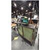 Image 2 : GREEN RUSTIC MOBILE SHOP CABINET WITH SHOP VAC, LEAF BLOWER, GAS CAN & SMALL WOOD TABLE