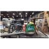 Image 3 : GREEN RUSTIC MOBILE SHOP CABINET WITH SHOP VAC, LEAF BLOWER, GAS CAN & SMALL WOOD TABLE