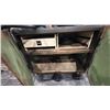 Image 4 : GREEN RUSTIC MOBILE SHOP CABINET WITH SHOP VAC, LEAF BLOWER, GAS CAN & SMALL WOOD TABLE