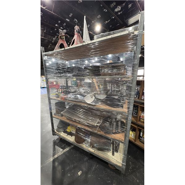 MOBILE RACK WITH ASSORTED SHOP CONTENTS- JACK STANDS, ASSORTED PARTS & TOOLS