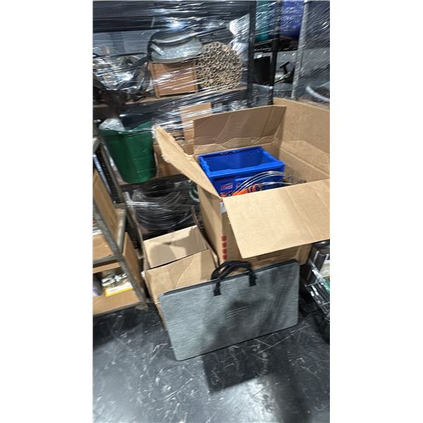 3 BOXES OF ASSORTED ITEMS- CRAB TRAPS, AIR LINES, POWER TOOLS, ECO FLOW SOLAR PANEL & JERRY CANS