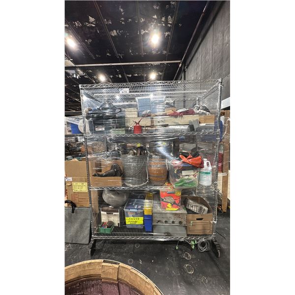 CONTENTS OF MOBILE RACK- ASSORTED SHOP SUPPLIES, WORK GLOVES, LAUNDRY SOAP, HI-VIS VESTS, TOOLS &