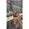 Image 1 : CARDBOARD BARREL OF ASSORTED GARDEN TOOLS, BROOMS, PICKAX & MORE