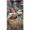 Image 1 : WOODEN BARREL WITH ASSORTED RAKES