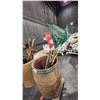 Image 2 : WOODEN BARREL WITH ASSORTED RAKES