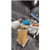 Image 2 : CARDBOARD BARREL OF ASSORTED SHOVELS & BROOMS
