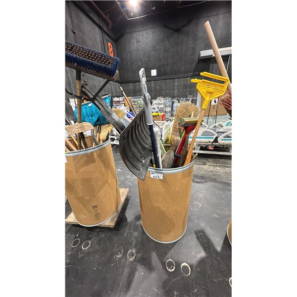 CARDBOARD BARREL OF ASSORTED BROOMS, MOPS & MORE
