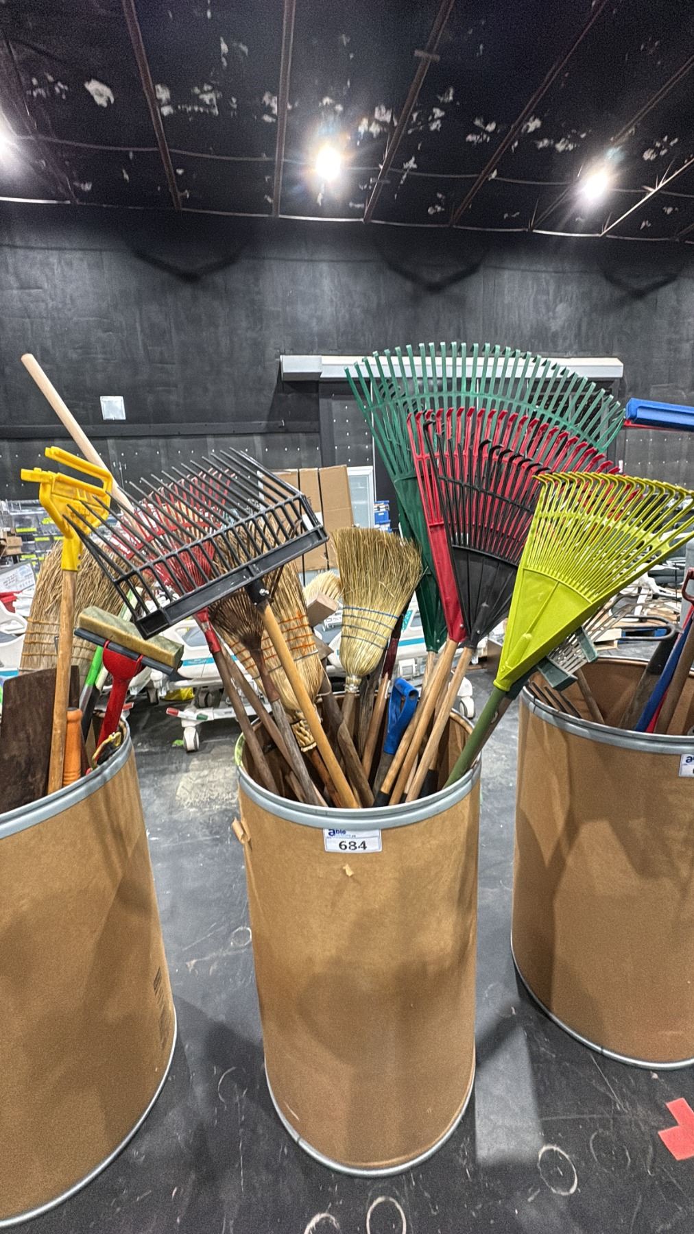 Creative Broom Rake CARDBOARD BARREL OF ASSORTED BROOMS & RAKES